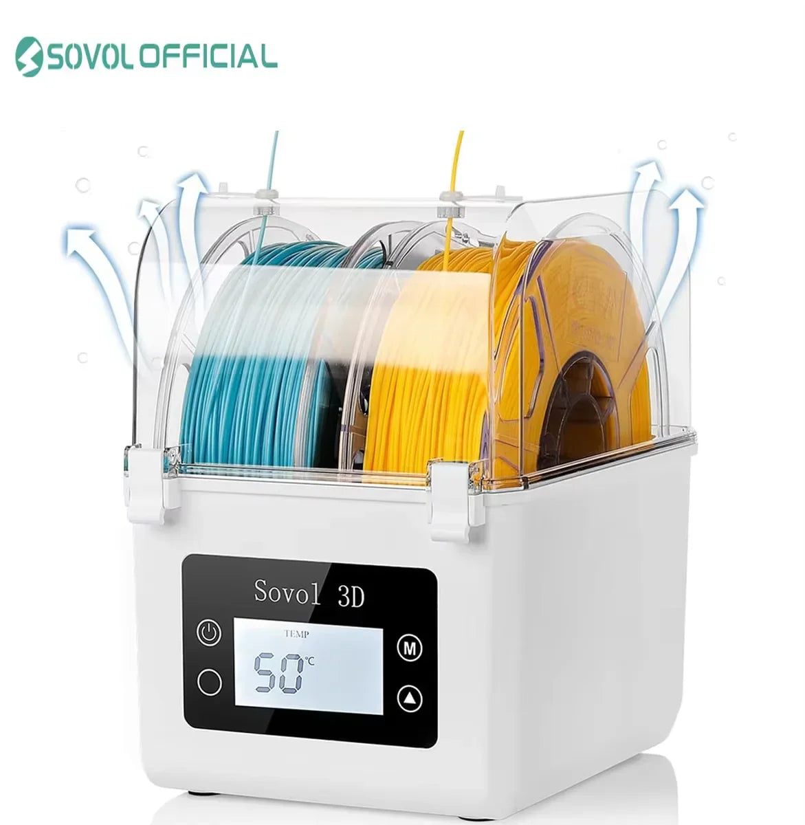 3D printer filament dryer box with two spools inside, showing 50 degrees Celsius on the digital display