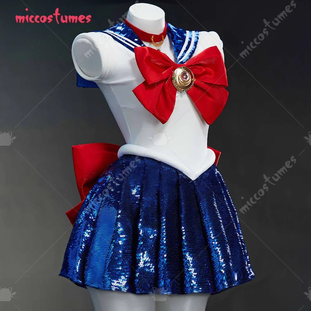 Blue sequin sailor-style cosplay dress on a mannequin