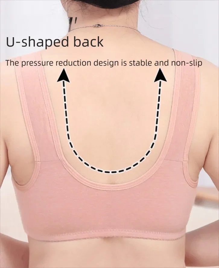 The back view of a pink floral bra showing the U-shaped design for stability