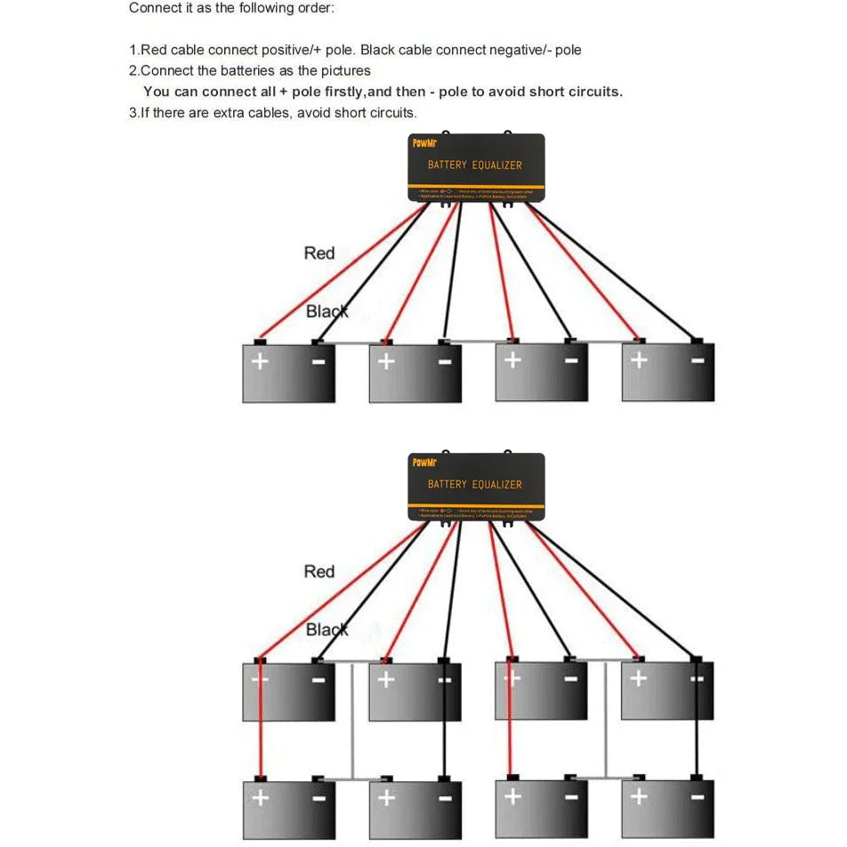 Instructional diagrams showing how to connect a battery equalizer to multiple batteries