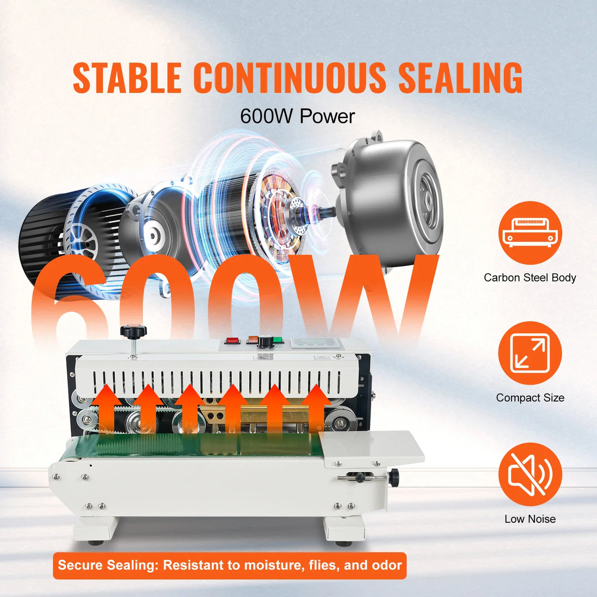 Horizontal band sealing machine for plastic bags with 600W power, carbon steel body, and low noise operation.