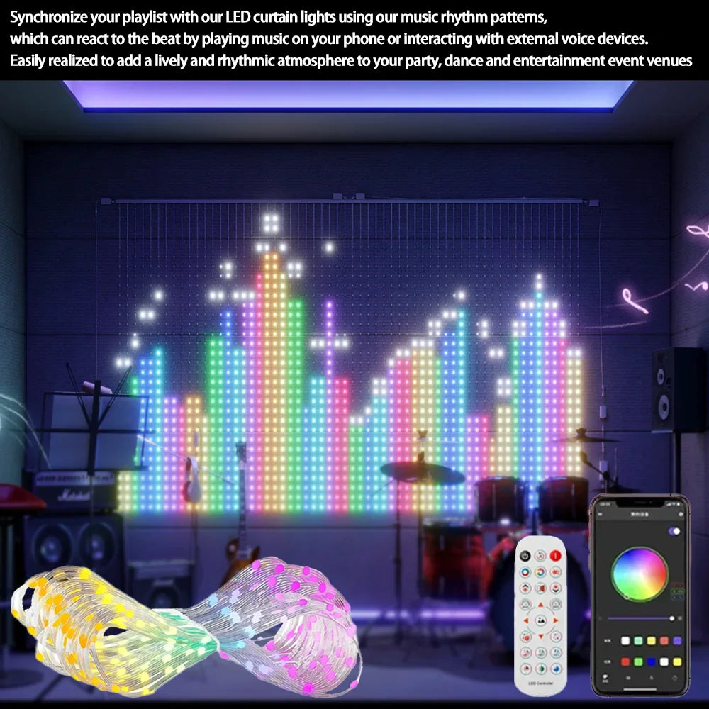 Colorful LED curtain lights creating a dynamic rhythm display in a room, controlled via mobile app and remote