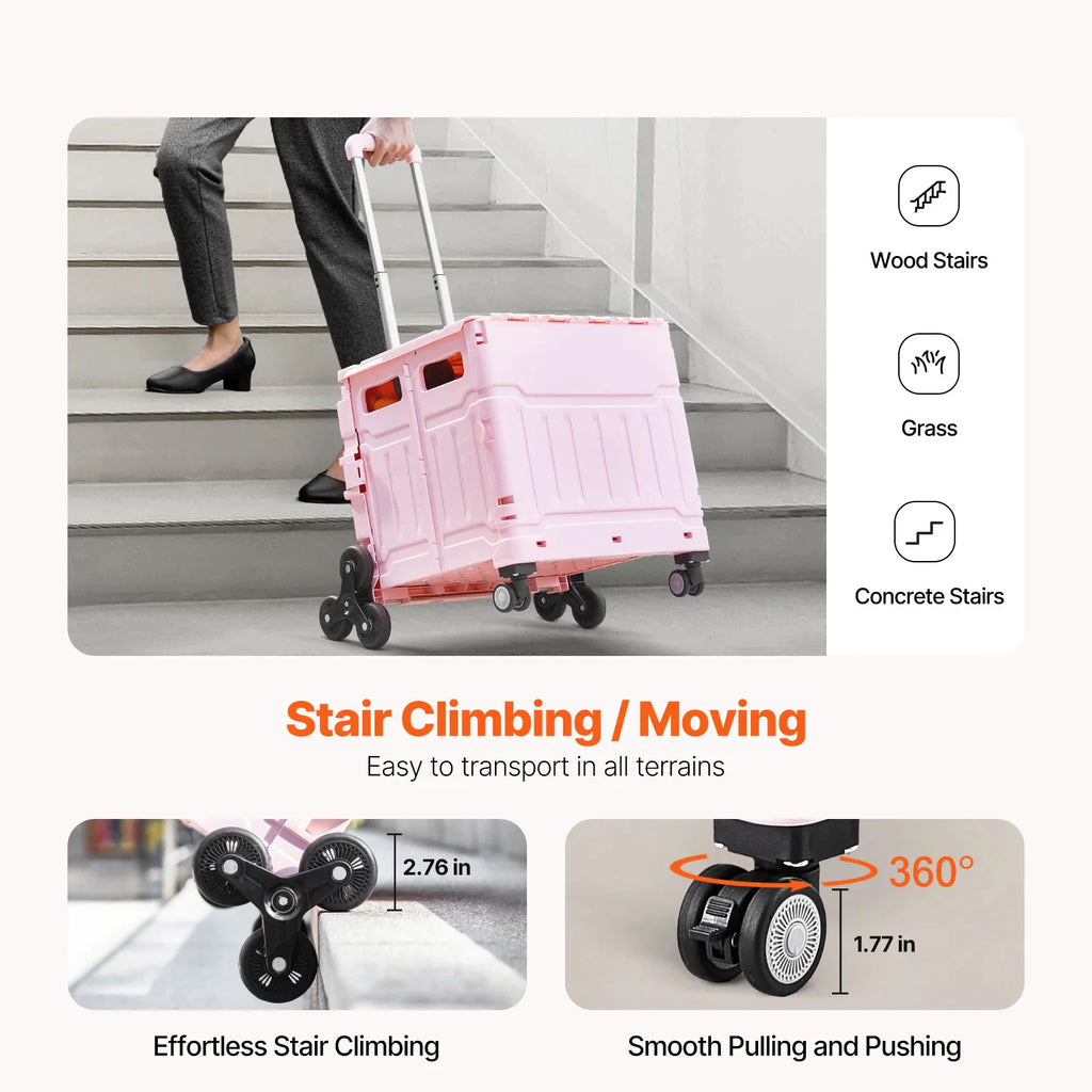 Pink folding stair climbing utility cart features and details