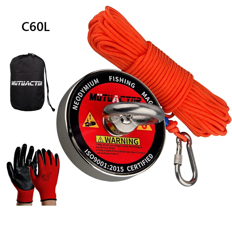 Fishing magnet set with orange rope, protective gloves, and a carry bag.
