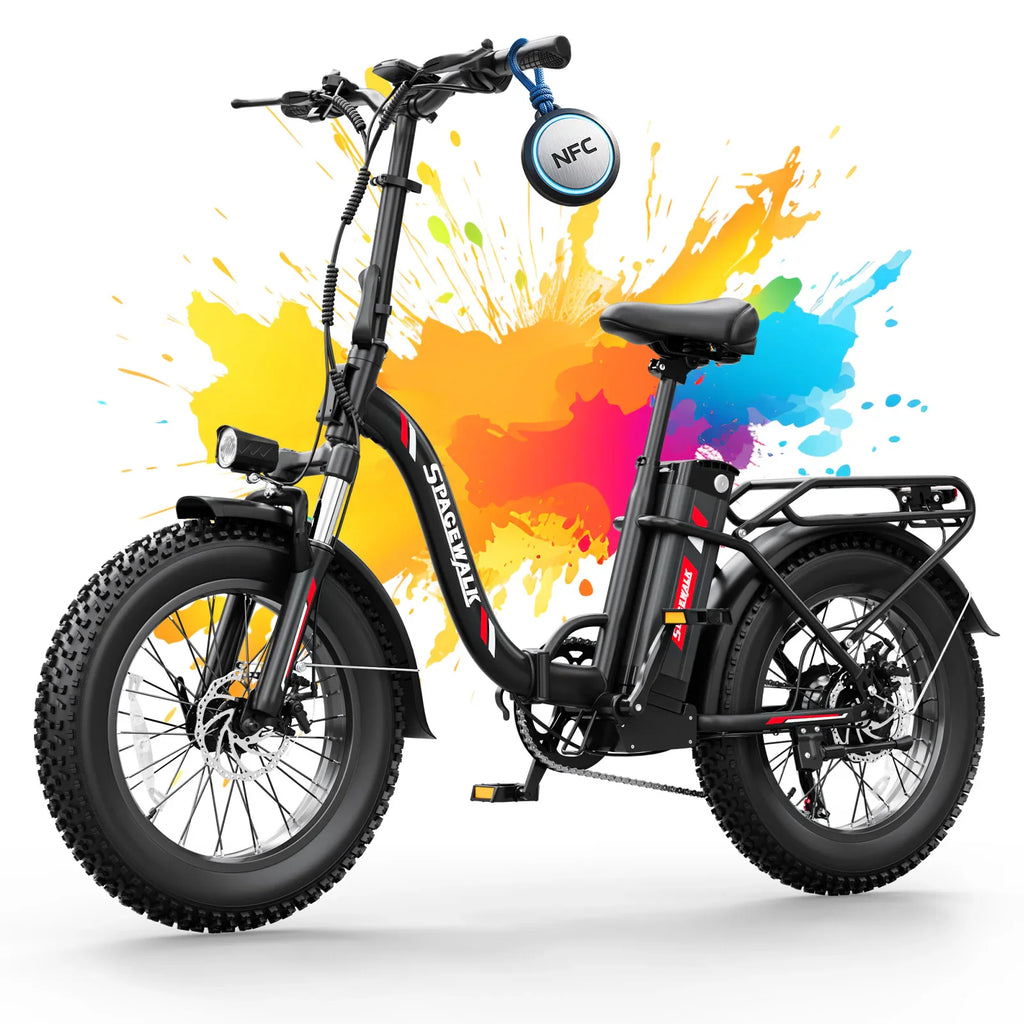 Black folding electric bike with fat tires and a hanging NFC key fob, displayed against a colorful paint splash background.