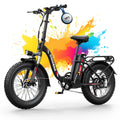 Black folding electric bike with fat tires and a hanging NFC key fob, displayed against a colorful paint splash background.
