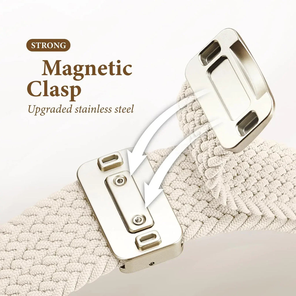 A close-up of a beige braided watch band showing the magnetic clasp mechanism.
