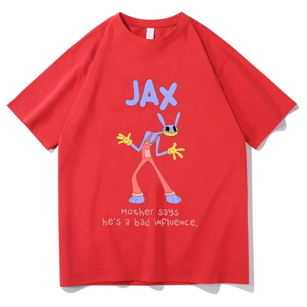 Red short-sleeved cotton t-shirt with purple rabbit cartoon character graphic and text