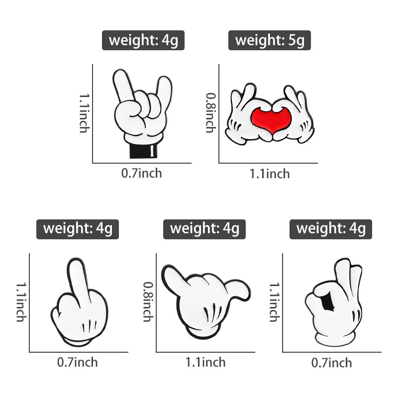 A sizing chart showing weights and dimensions for five different hand gesture enamel pins