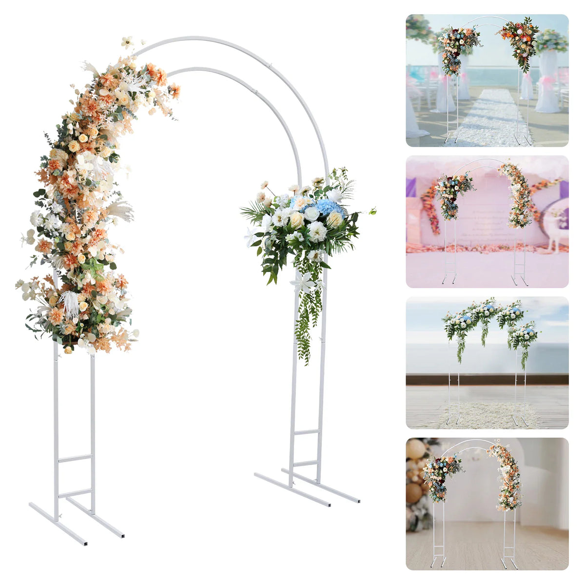 White metal round arch frame with various floral arrangements shown in different wedding settings