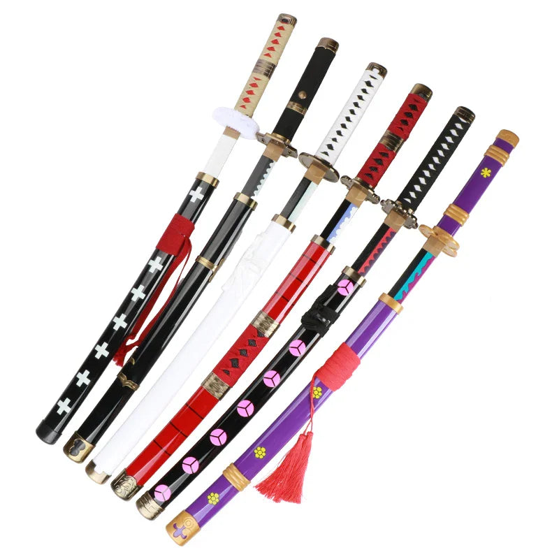 Group of six different colored decorative anime swords arranged diagonally