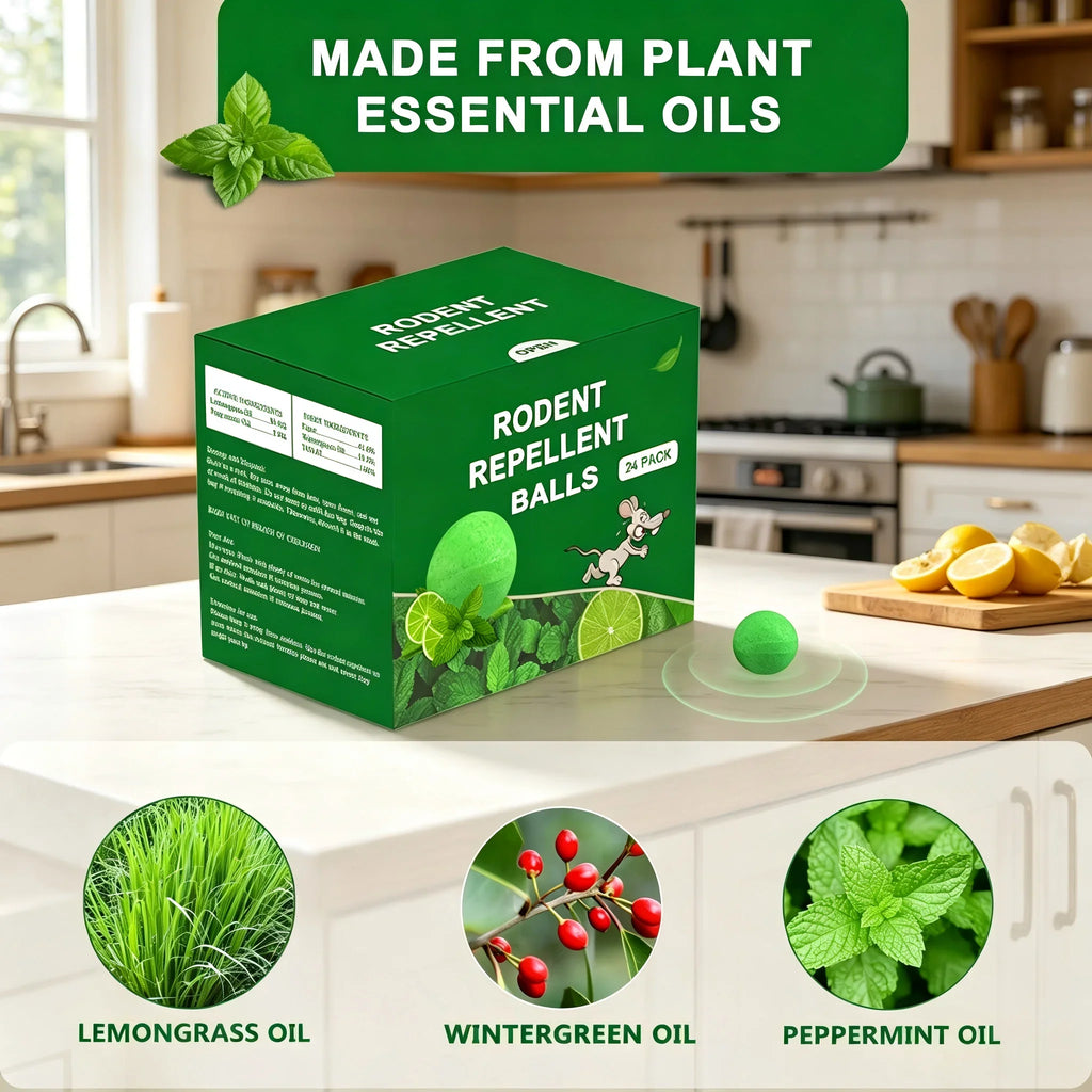 Rodent repellent box and balls with essential oil ingredients displayed
