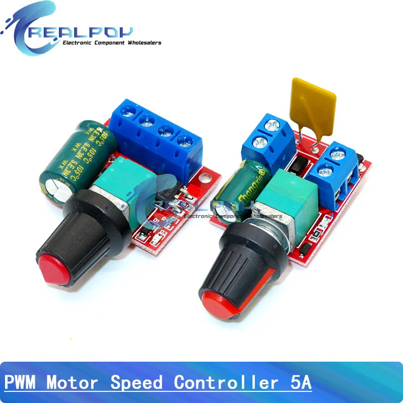 Two red PWM motor speed controller modules with green terminal blocks and rotary adjustment knobs.
