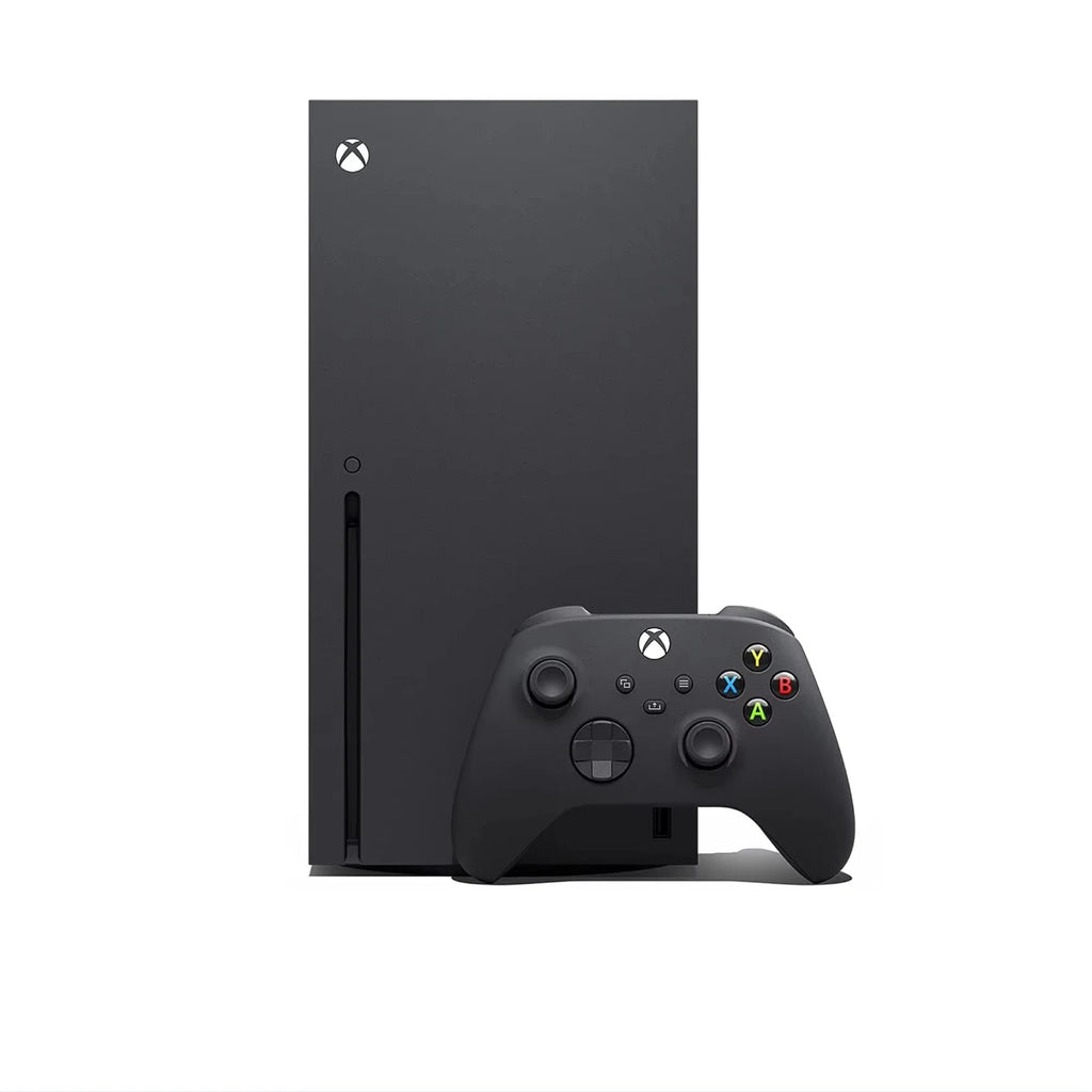 Black video game console standing vertically next to a black wireless controller