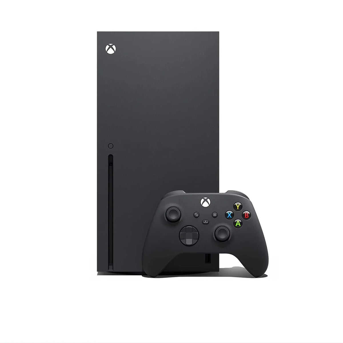 Black video game console standing vertically next to a black wireless controller
