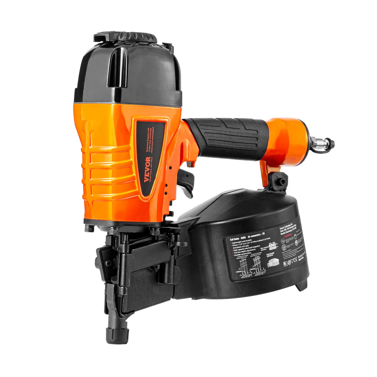 Orange and black pneumatic coil siding nailer isolated on white background