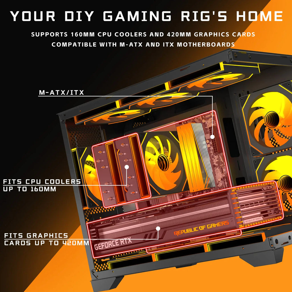 Diagram of a micro-ATX PC case showing component compatibility for coolers and graphics cards