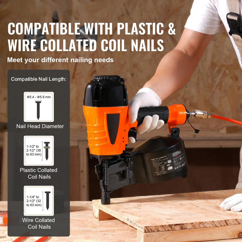 Handheld pneumatic coil siding nailer being used on a wooden board with technical specifications