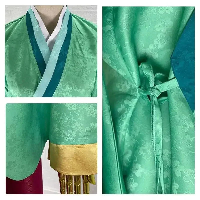 Close-up details of green patterned fabric and gold trim on cosplay kimono