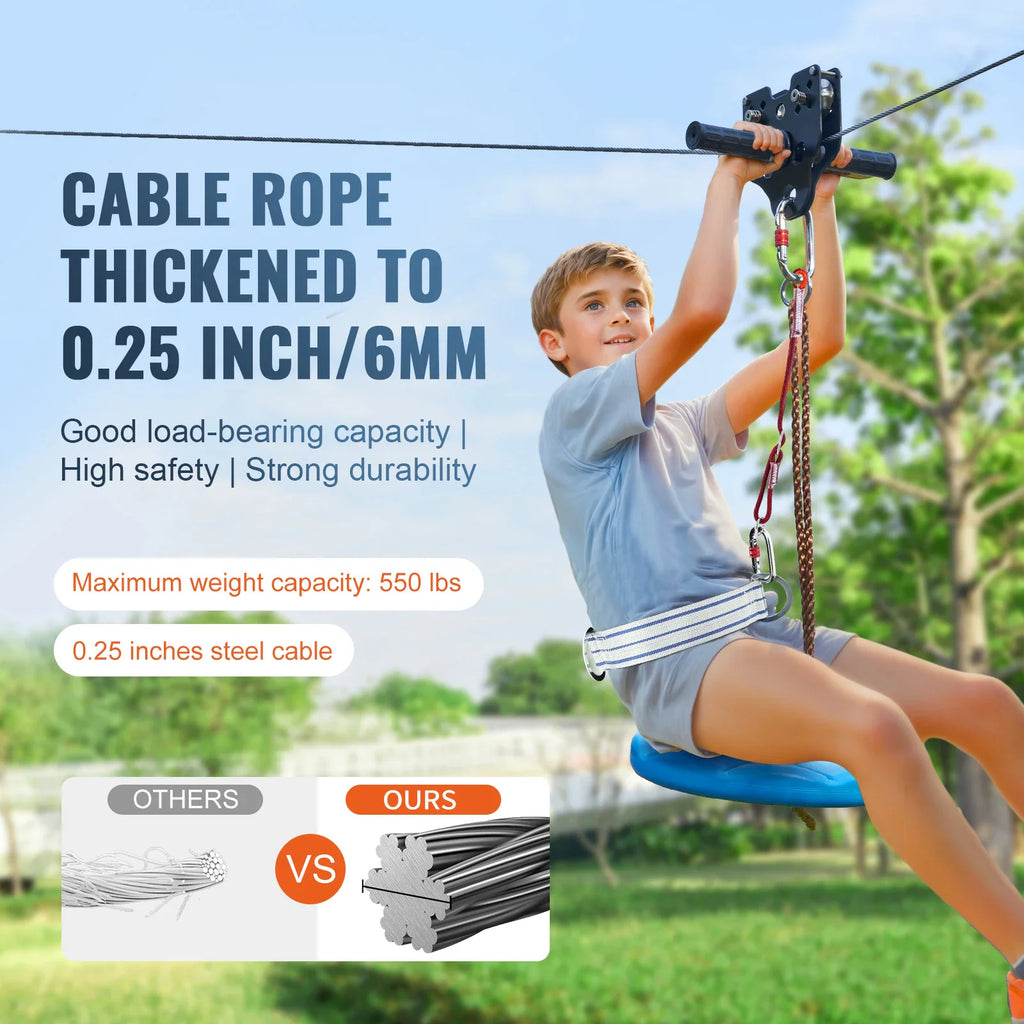 Child riding a backyard zipline set showing the steel cable and seat.