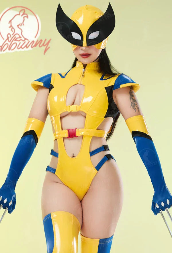 Model wearing a yellow and blue cosplay bodysuit with mask and gloves, showcasing a superhero look