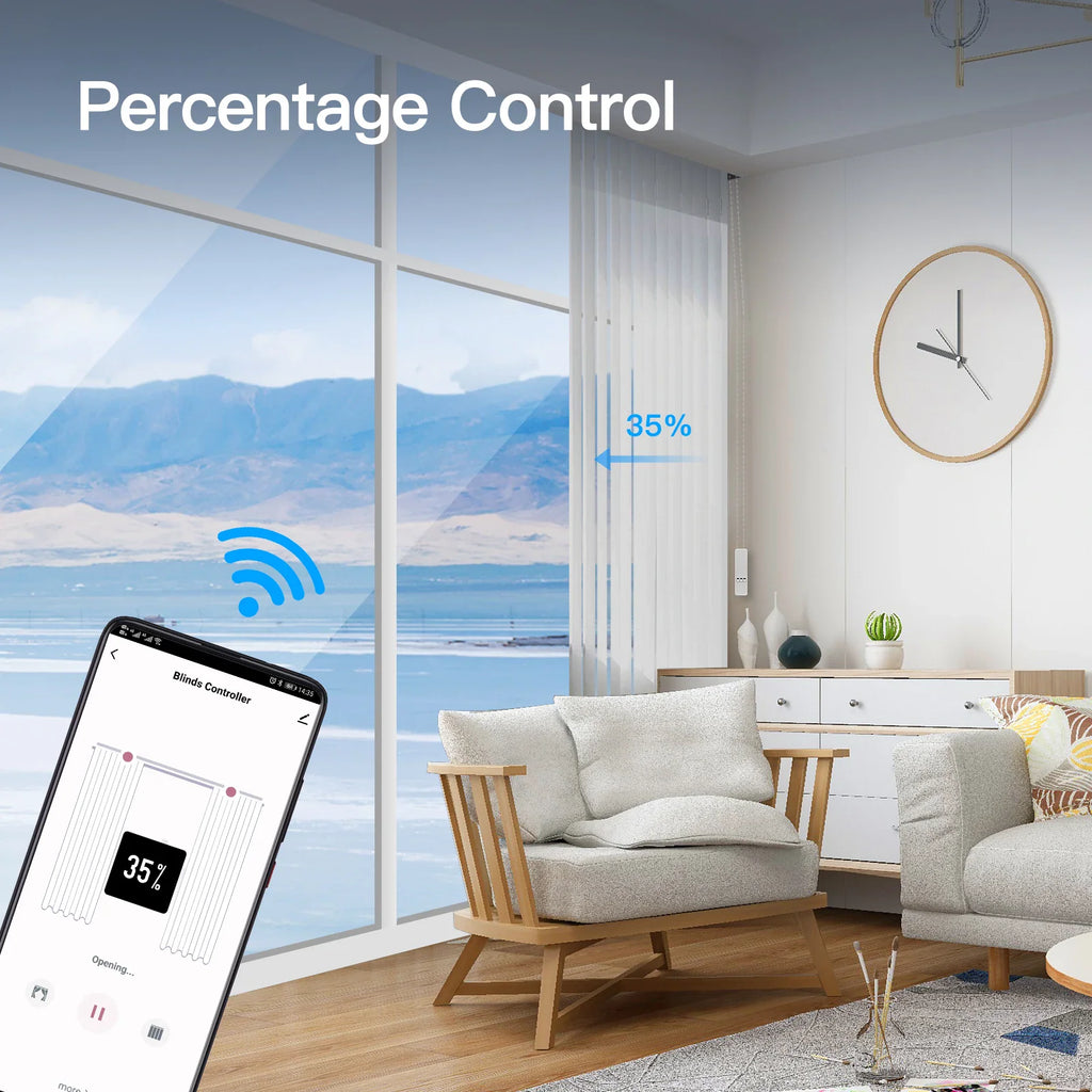Smartphone app showing percentage control for smart window blinds