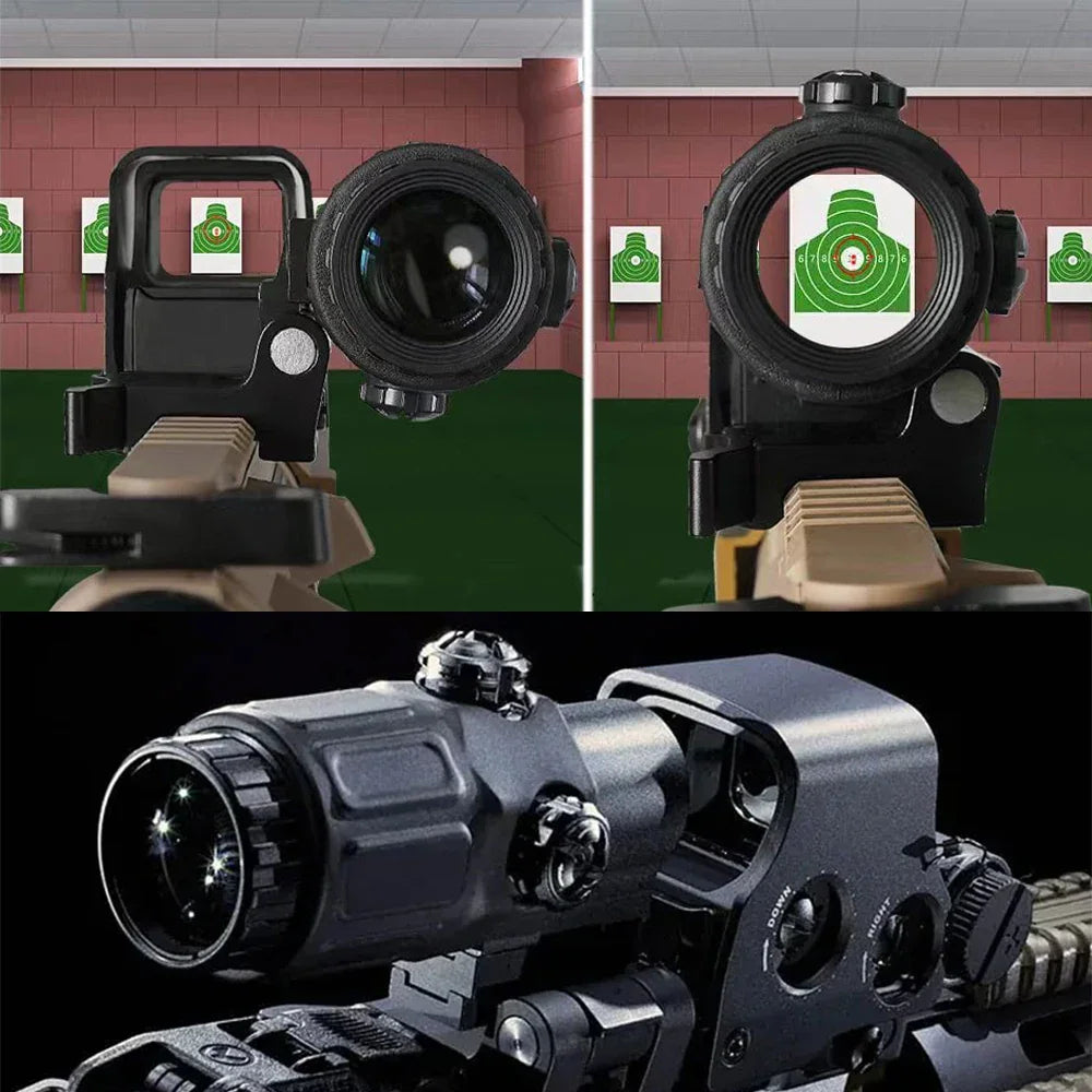 Views through a scope at a shooting range target and a close up of a tactical sight