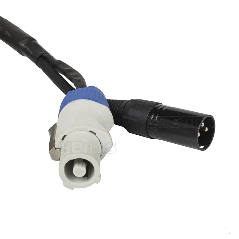 Close-up of power and signal cable connectors for stage lighting