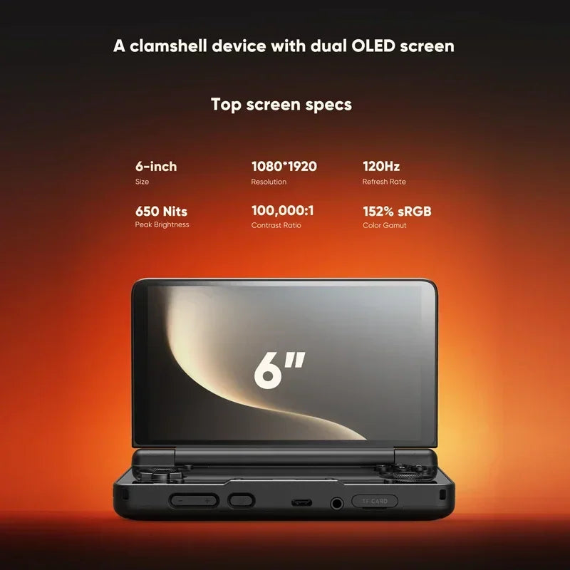 AYN Thor clamshell handheld game console displaying top screen technical specifications on a dark background