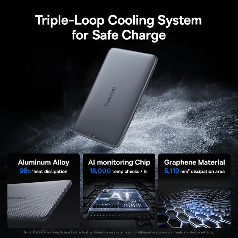 Magnetic power bank showing internal cooling system, aluminum alloy design, and monitoring chip technology.