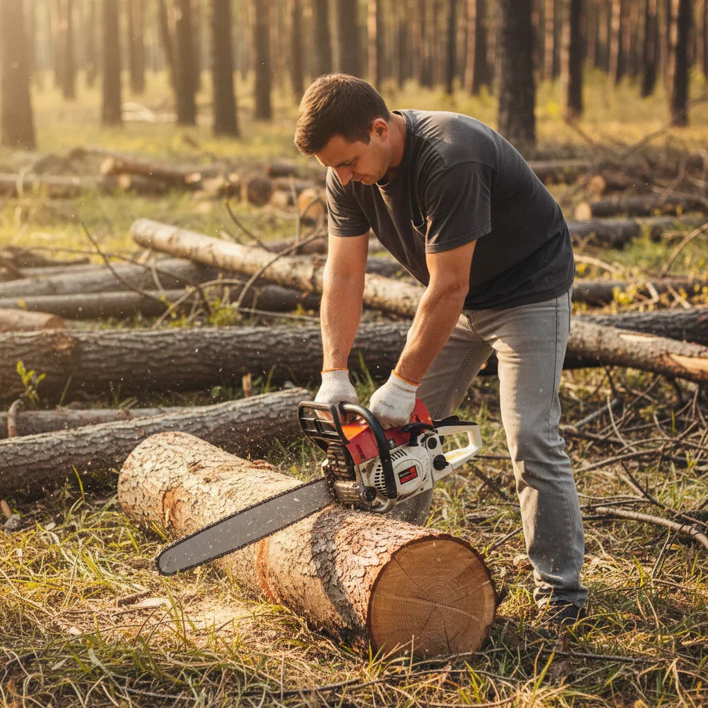 Man using a petrol chainsaw for woodcutting in a forest