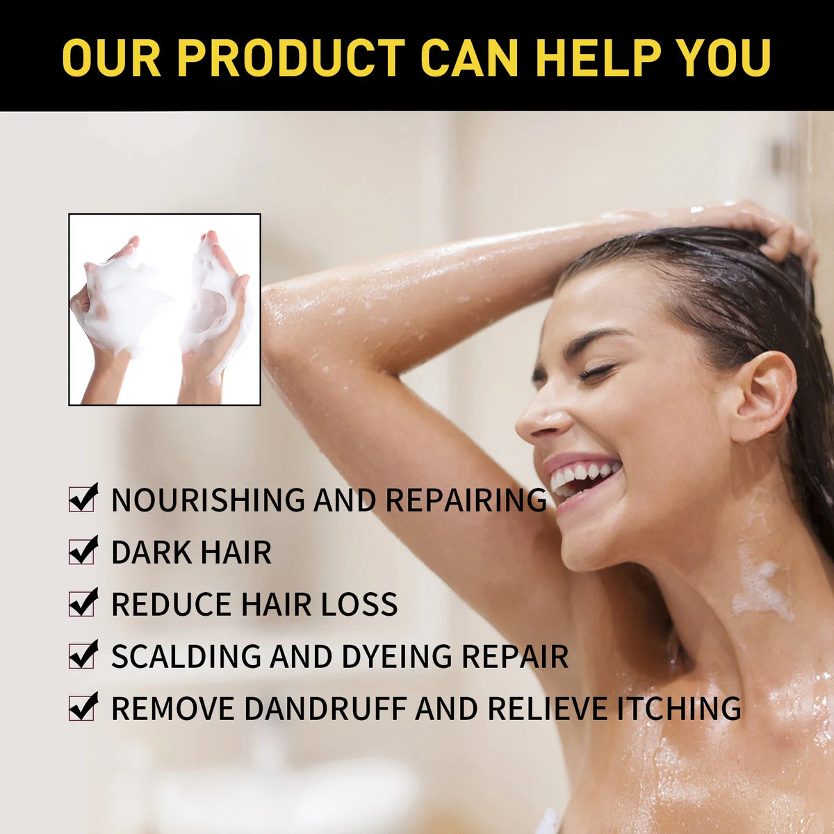 Woman washing hair with black hair dye shampoo showing foam and benefits list