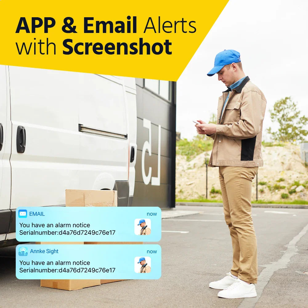 Security camera system sending notification alerts with screenshots to a smartphone about a package delivery.