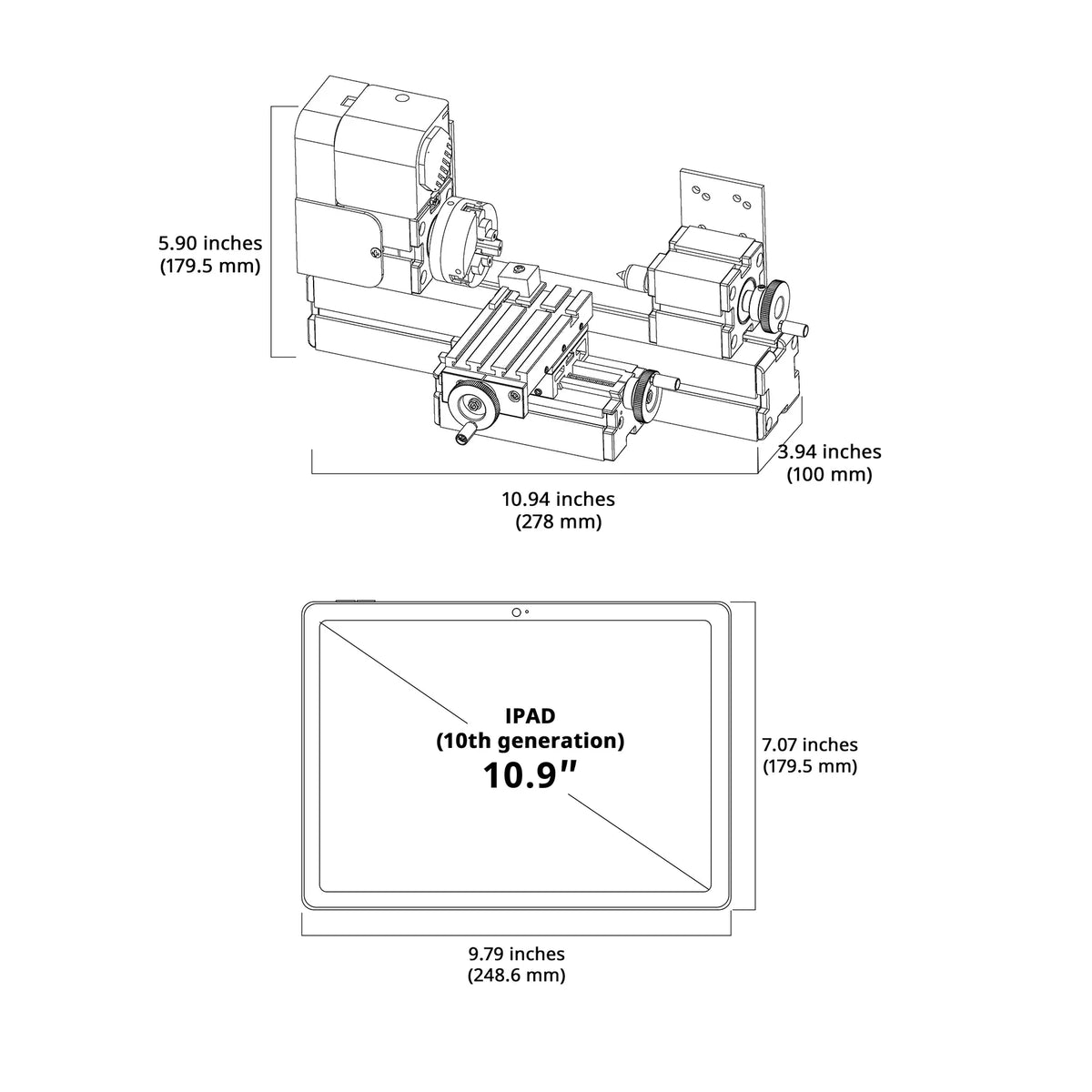 Technical drawing showing dimensions of a mini lathe and a tablet