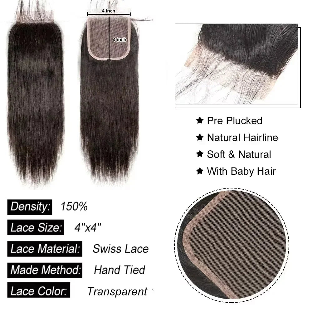 4x4 straight black human hair lace closure with technical specifications.