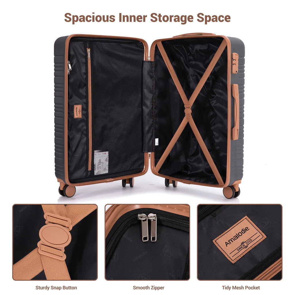 Interior view of an open hardshell suitcase with packing straps, zippered compartments, and mesh pockets.