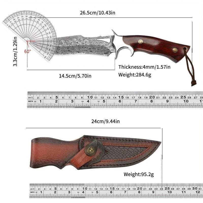 Damascus steel fixed blade knife with leather sheath and measurement dimensions