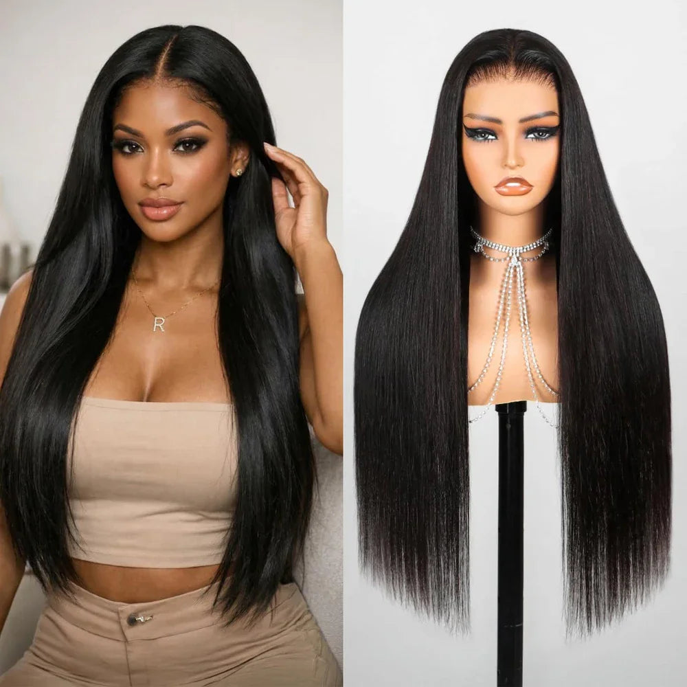 A comparison showing a woman wearing a long, straight black wig and the same style wig on a mannequin head.
