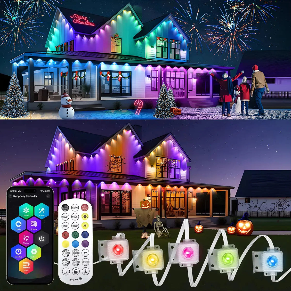 Smart permanent outdoor RGBIC LED string lights for house eaves and exterior home decoration with app and remote control