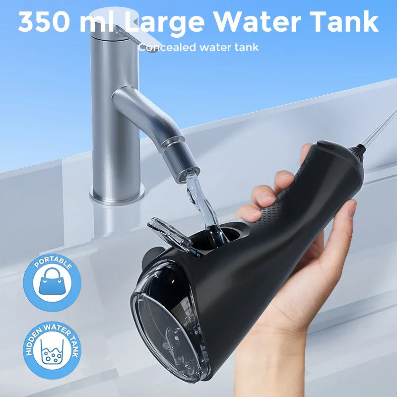 A person filling a 350ml portable black water flosser from a bathroom faucet.