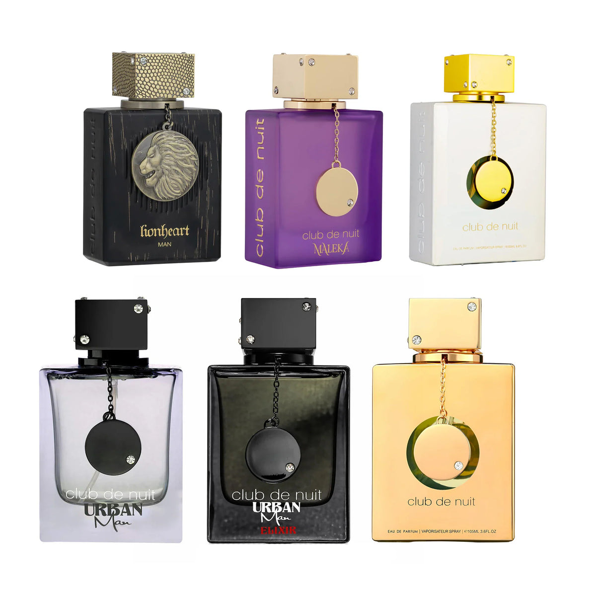 A collection of six assorted luxury perfume bottles with metallic charms and caps.