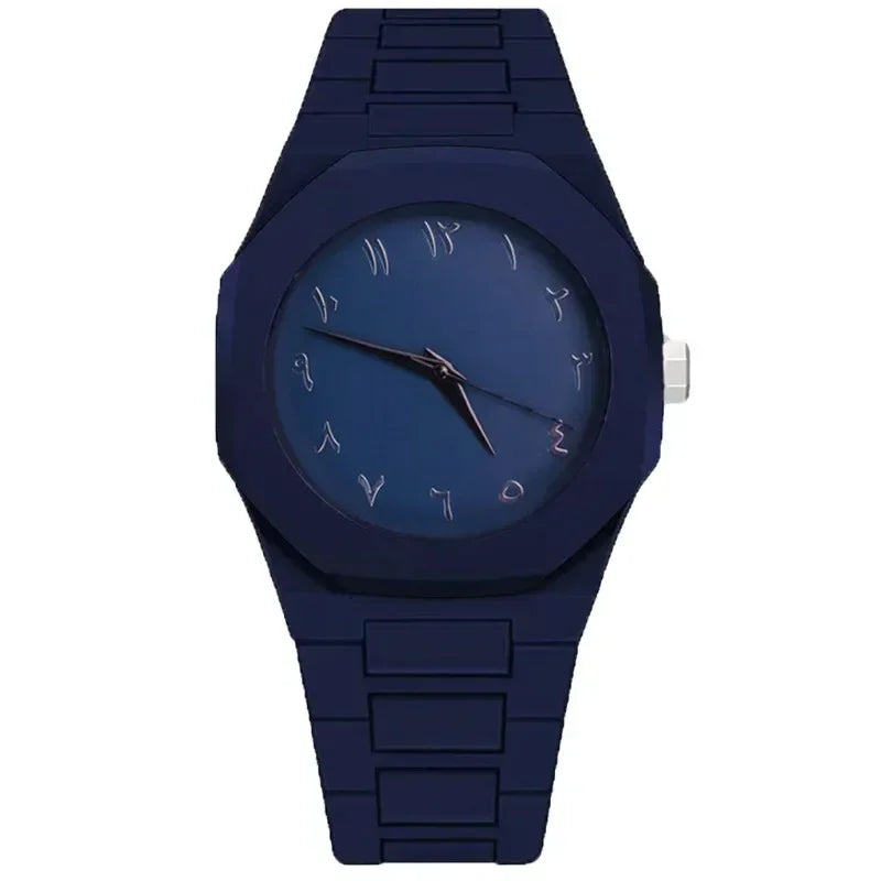A quartz wristwatch with an irregular 40mm plastic case and a silicone band available in five colors – Blue