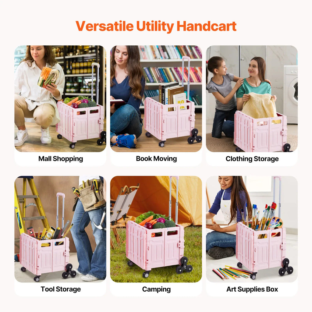 Pink folding utility cart used for shopping, tools, and storage in various settings