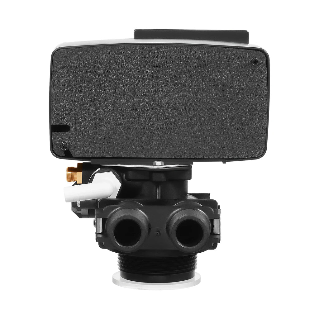 Back view of a black digital control valve for water softening systems with pipe connectors