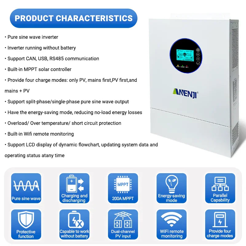 Hybrid solar inverter features list and icons for pure sine wave and connectivity.