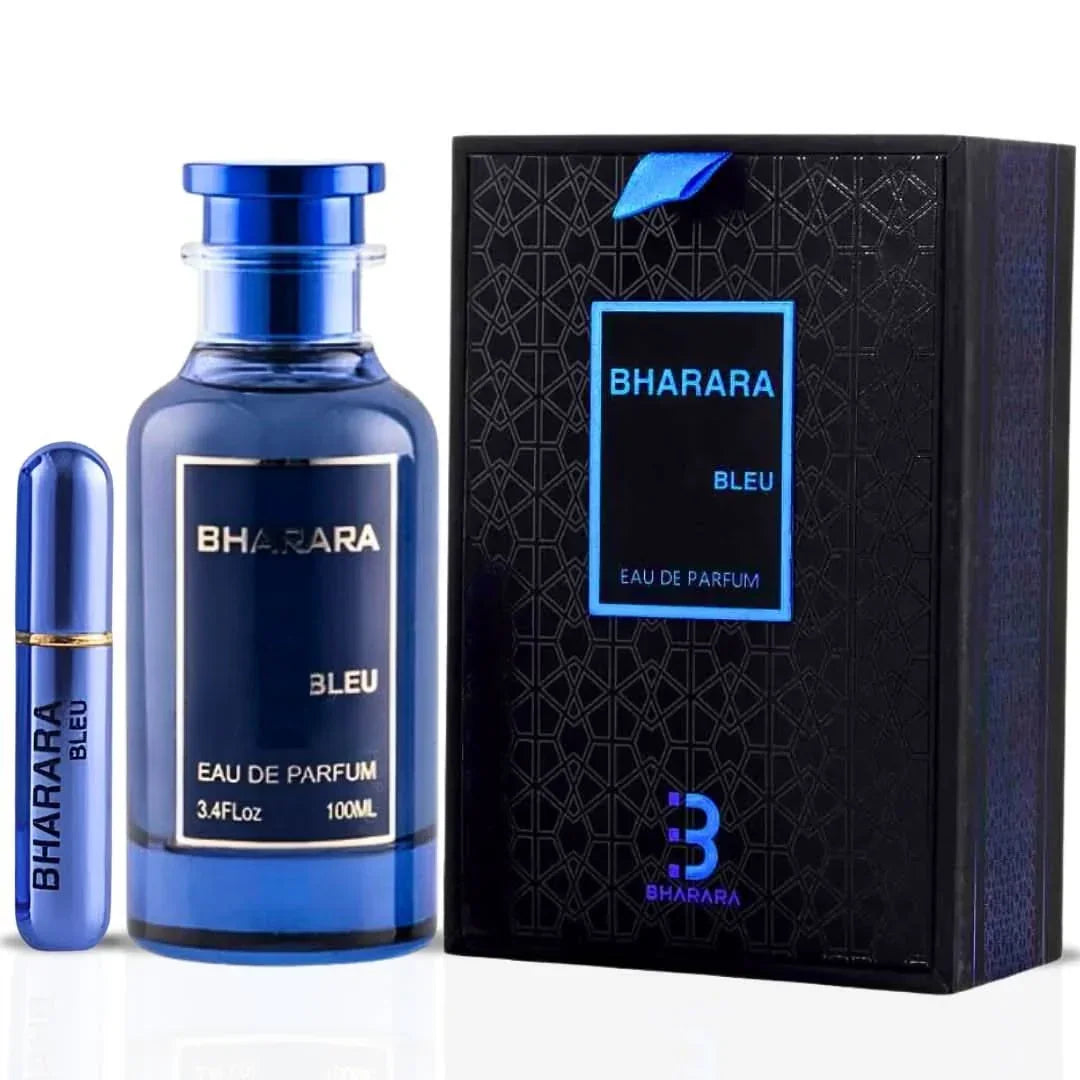 Blue perfume bottle and travel spray with black display box
