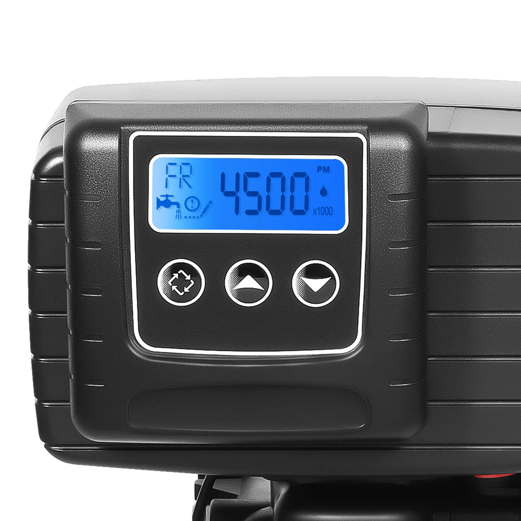 Close-up of the LCD display on a digital water softener control valve