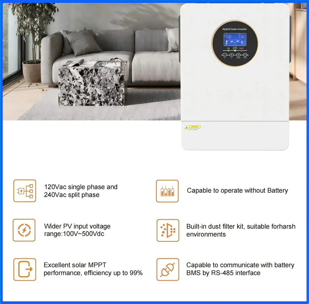 Hybrid solar inverter technical features and operating capabilities displayed in a home interior.