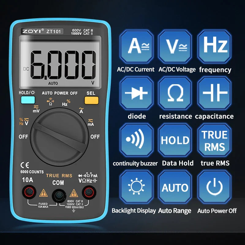 Digital multimeter displayed next to a list of its key features and measuring capabilities