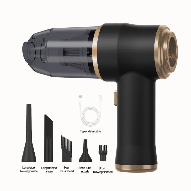 Handheld wireless vacuum cleaner with various nozzle attachments and a charging cable.